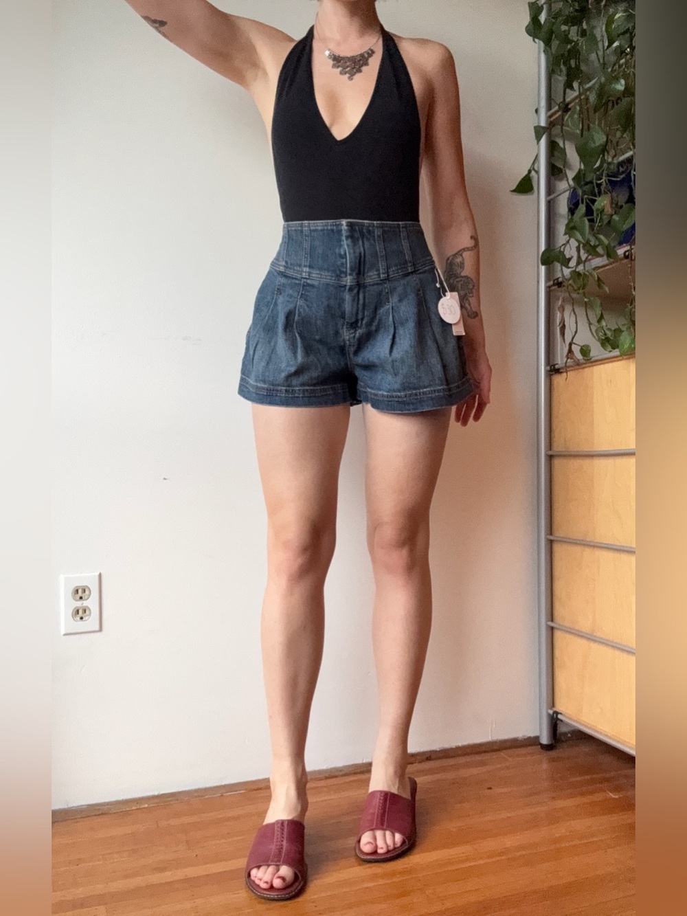 Anthropologie Dark Wash High Waisted Pleated Denim Shorts - Brand New with Tags